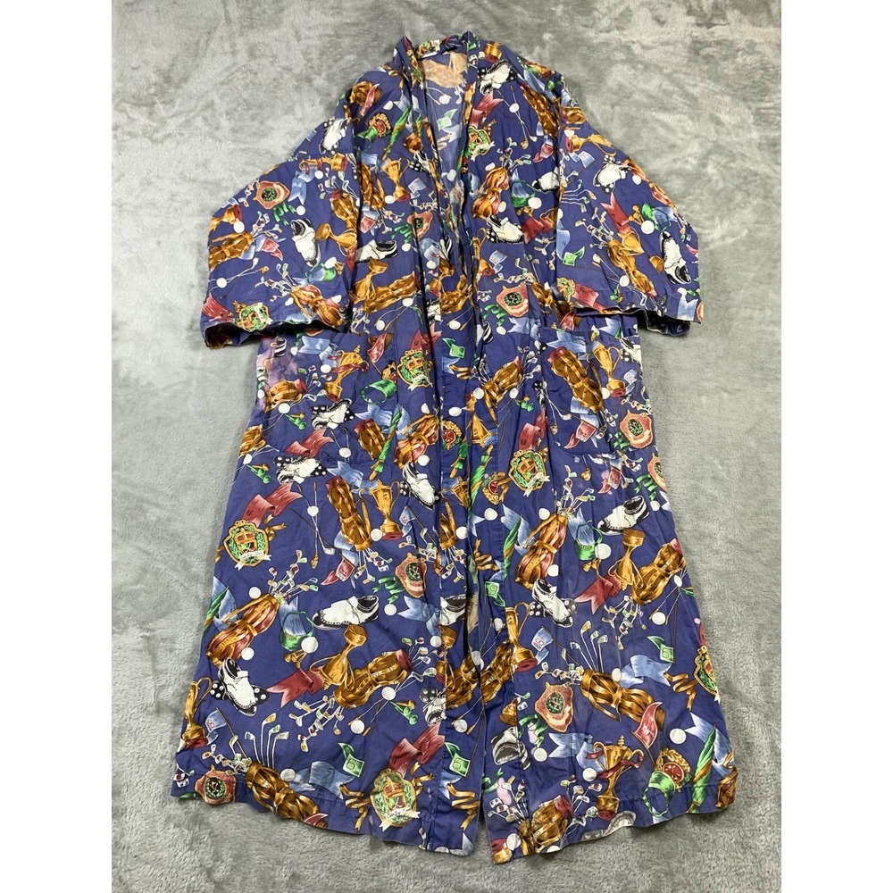 Vintage Neiman Marcus Golf Robe Mens Large Blue Novelty Kimono Cotton Trophy USA